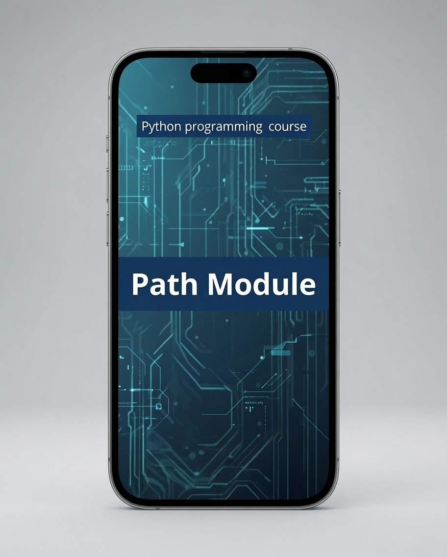 A smartphone centered on a light gray background, displaying a digital course cover for a Python programming course titled 'Path Module' with a dark blue and teal circuit-board design.