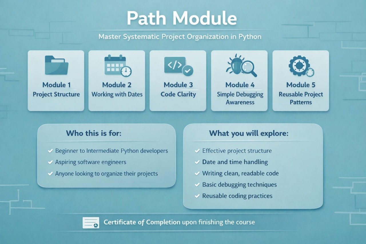 An infographic-style course overview titled 'Path Module' on a light blue background, showing five icon-based modules: Project Structure, Working with Dates, Code Clarity, Simple Debugging Awareness, and Reusable Project Patterns. It includes text about who this is for, what will be explored, and a note about a certificate of completion.