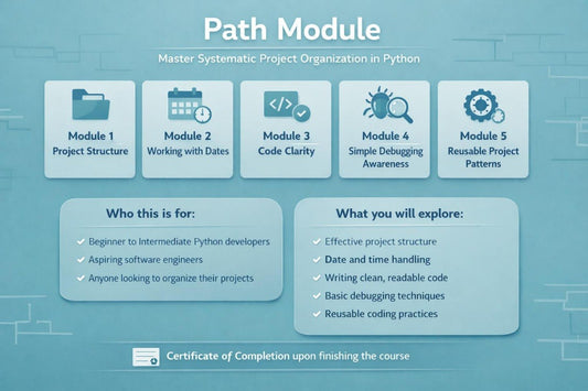 An infographic-style course overview titled 'Path Module' on a light blue background, showing five icon-based modules: Project Structure, Working with Dates, Code Clarity, Simple Debugging Awareness, and Reusable Project Patterns. It includes text about who this is for, what will be explored, and a note about a certificate of completion.