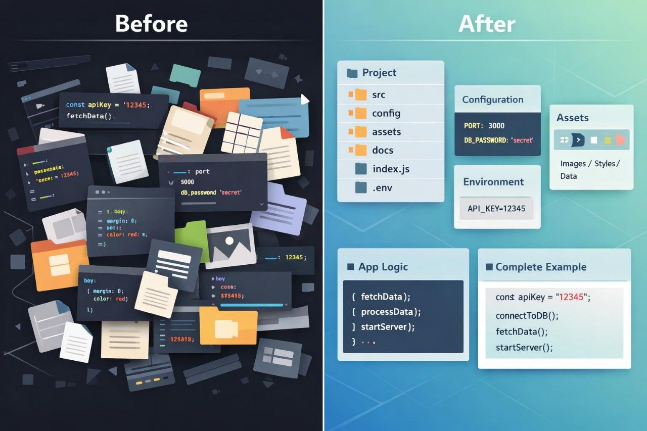 A before-and-after comparison graphic showing a messy stack of developer files and code snippets on a dark background labeled 'Before', versus an organized folder structure and clean code examples on a light blue background labeled 'After'.