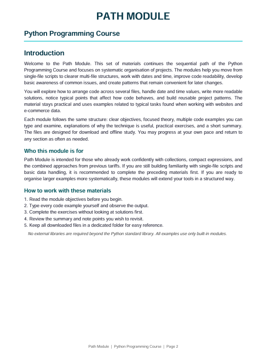 A digital document page titled 'PATH MODULE Python Programming Course' with the heading 'Introduction' and introductory text about Path Module materials, shown on a white background.