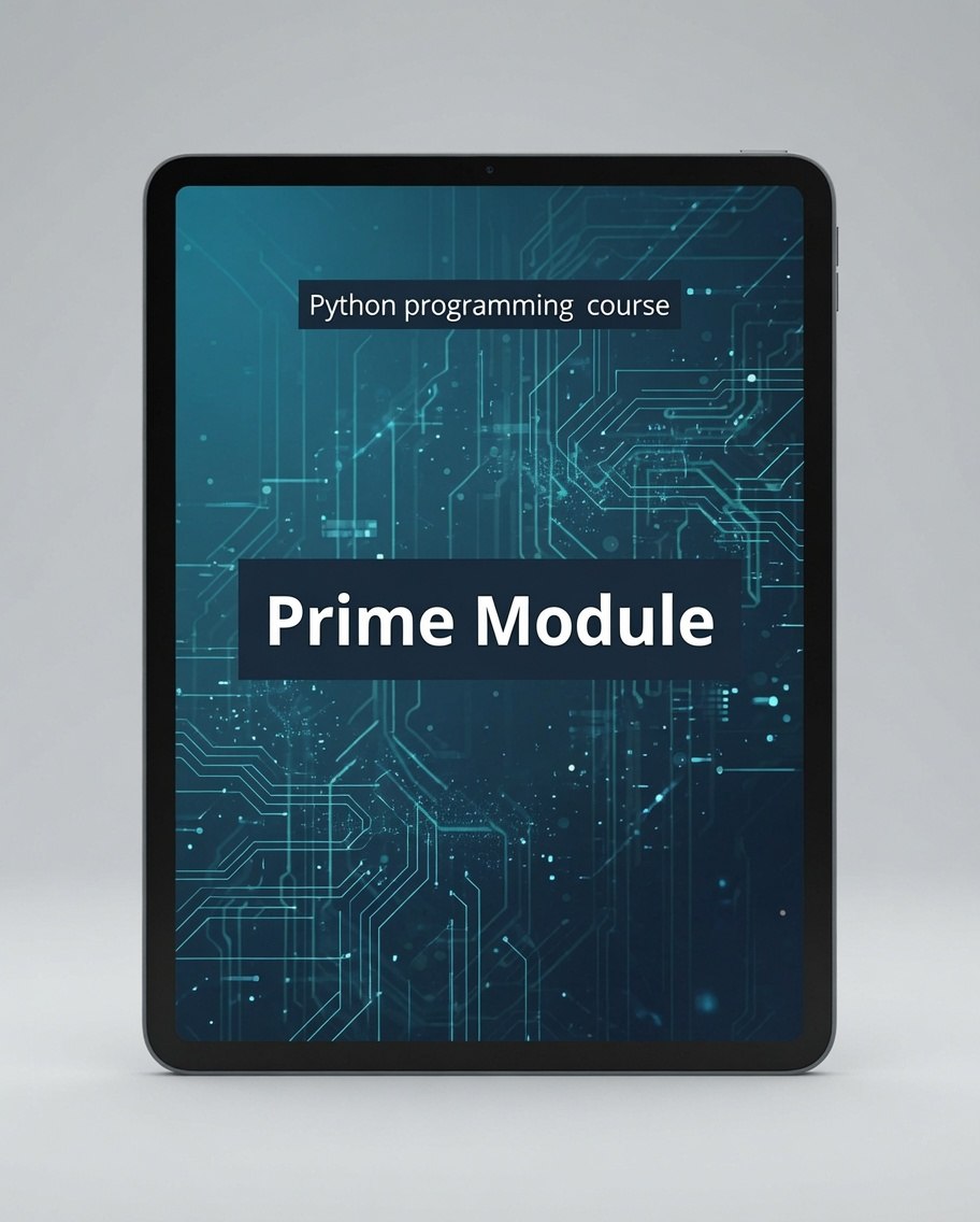 A tablet device centered on a light gray background, displaying a digital cover for a Python programming course titled 'Prime Module' with a dark blue circuit-board pattern.