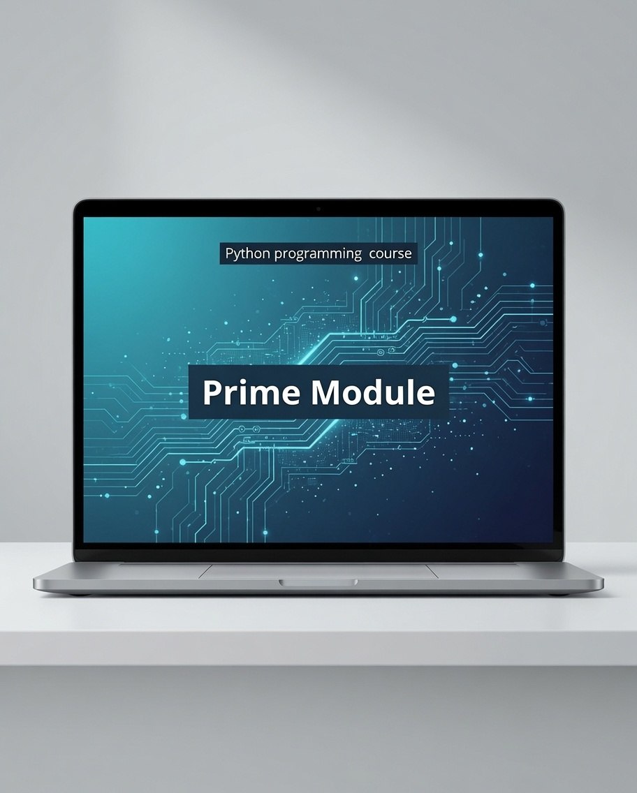A silver laptop sits on a white shelf against a light gray wall, displaying a digital course cover for a 'Python programming course' titled 'Prime Module' with a blue and teal circuit board graphic.