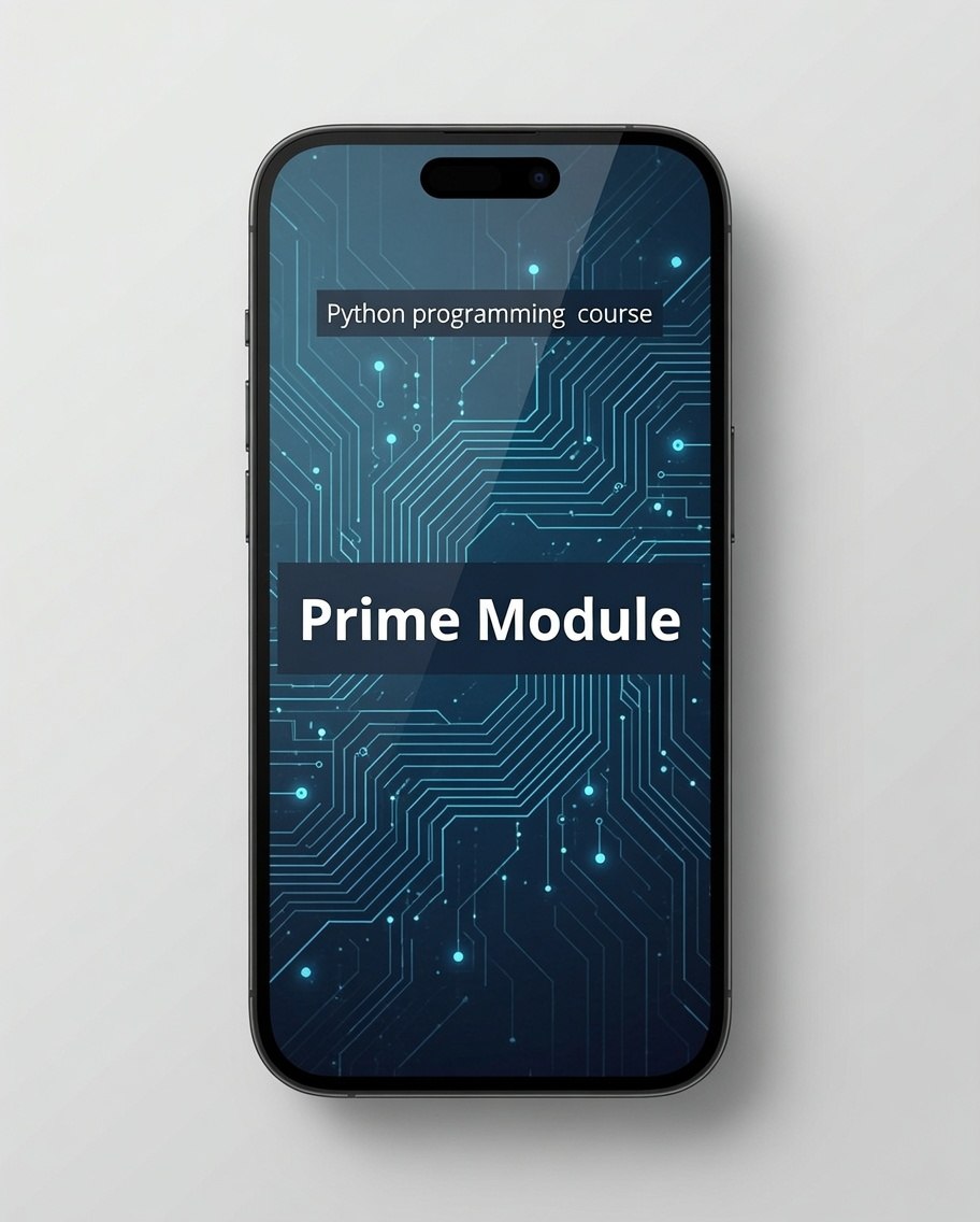 A smartphone centered on a light gray background, displaying a course screen that reads 'Python programming course' and 'Prime Module' over a blue circuit-board pattern.