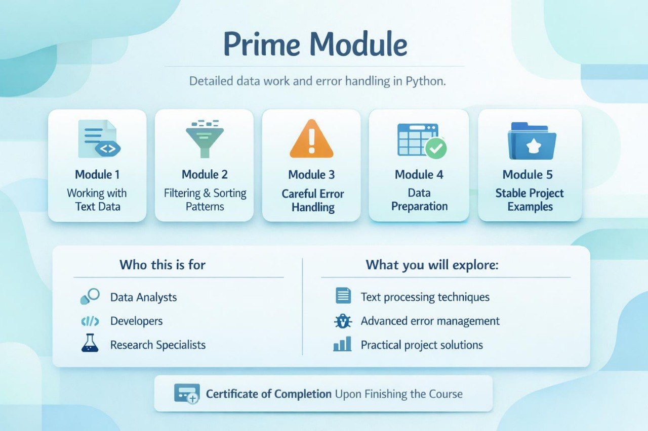 Digital course module graphic titled 'Prime Module' with five illustrated tiles for data work and error handling modules, plus text about who this is for and what will be explored, on a light blue abstract background.