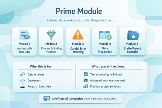 Digital course module graphic titled 'Prime Module' with five illustrated tiles for data work and error handling modules, plus text about who this is for and what will be explored, on a light blue abstract background.