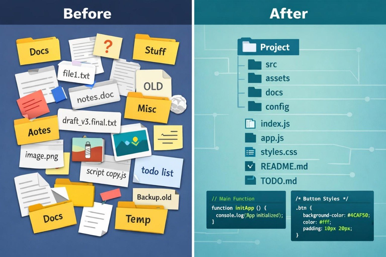 A split-screen comparison graphic labeled 'Before' and 'After'. The left side shows a messy folder assortment with icons and text like Docs, Stuff, Misc, and image.