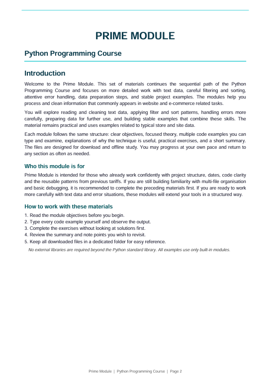 A digital document page titled 'PRIME MODULE Python Programming Course' with the 'Introduction' section in black text on a white background.
