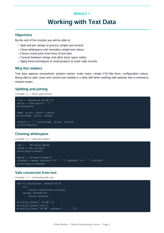 A digital preview page from a Python programming course titled 'Working with Text Data', showing objectives, code blocks for splitting and cleaning whitespace, and safe conversion from text on a white page with blue headings.
