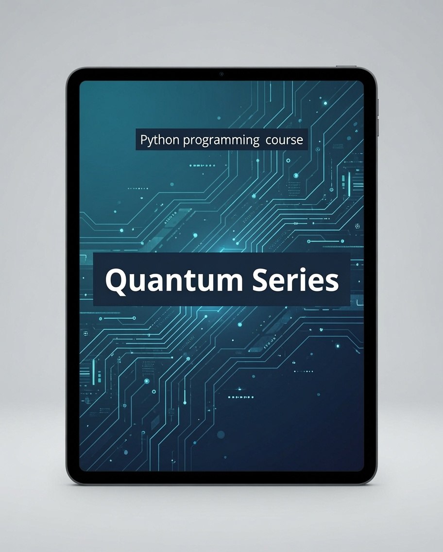 A tablet device displaying a digital cover for a 'Python programming course' titled 'Quantum Series' against a dark blue circuit-board background, shown on a light gray studio background.