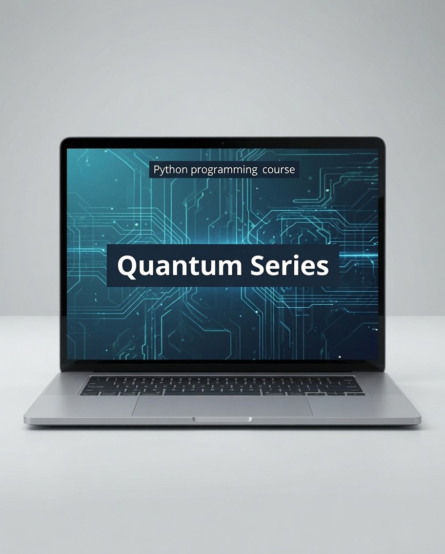 A silver laptop computer displaying a digital course cover titled 'Quantum Series' for Python programming, set against a clean light gray background.