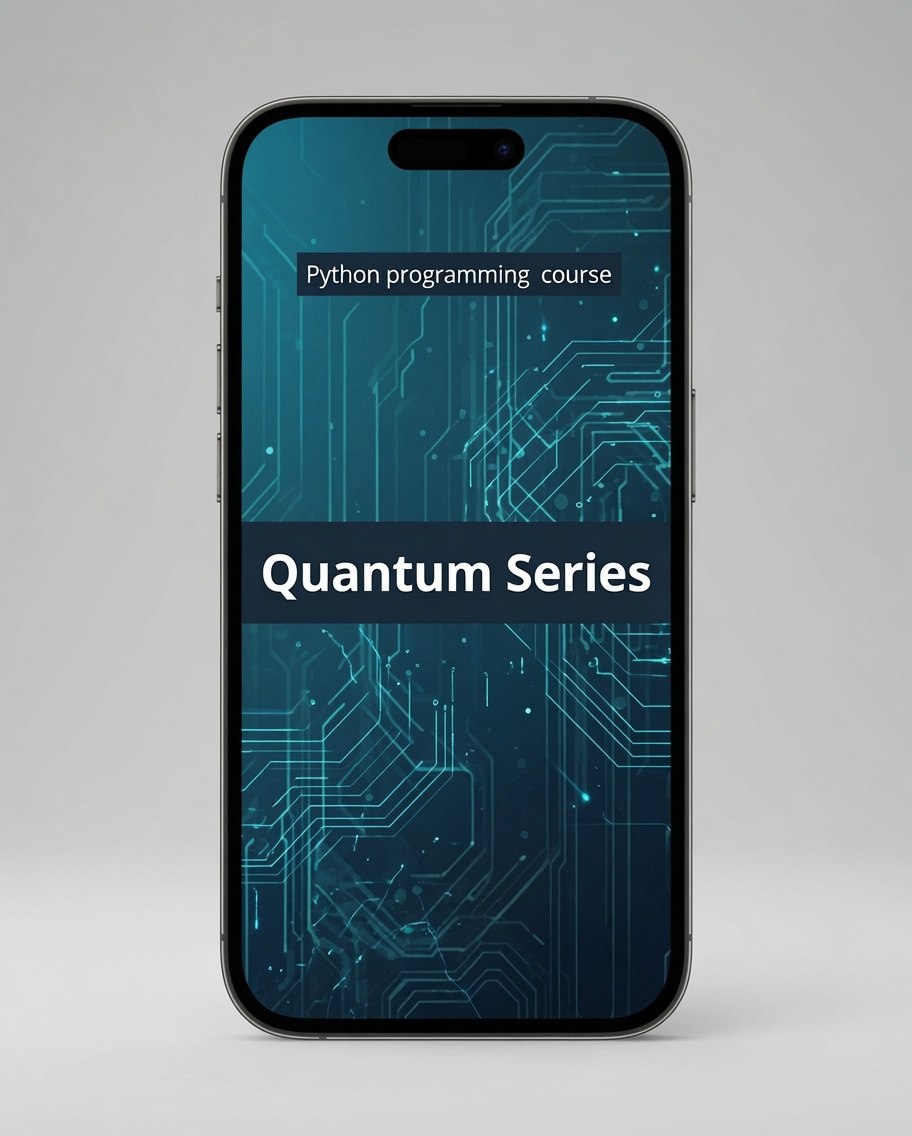 A smartphone centered on a light gray background, displaying a digital course cover titled 'Quantum Series' with the subtitle 'Python programming course' over a dark teal circuit-board pattern.