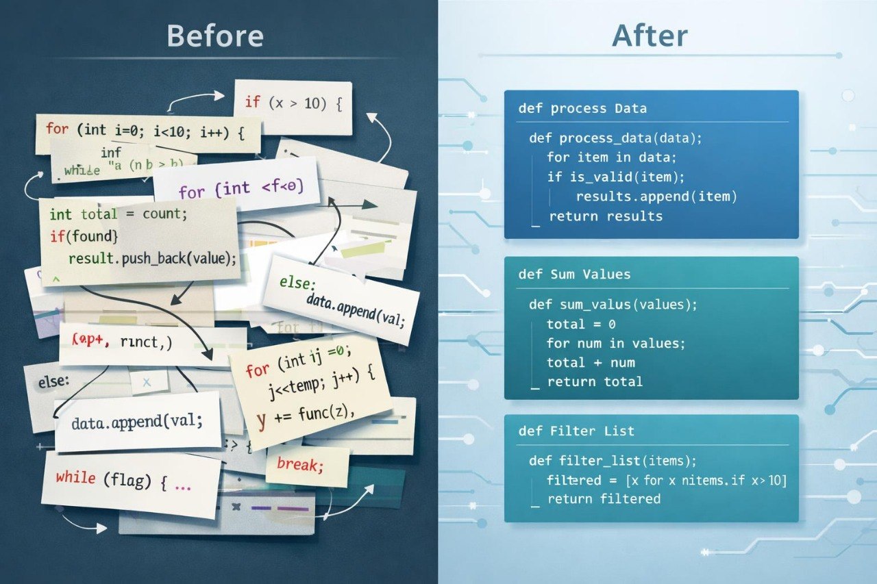 A comparison graphic titled 'Before' and 'After' showing a stack of handwritten code snippets on the left and clean blue code blocks on the right, likely illustrating a digital coding tutorial or software feature.