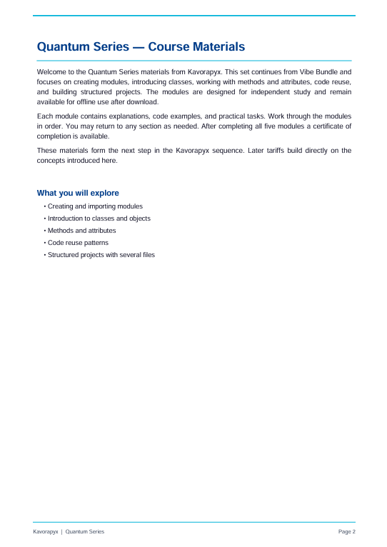A digital preview page from Kavaragpy's Quantum Series course materials, titled 'Quantum Series — Course Materials'. The page features black text on a white background with blue headers and footers, outlining the contents of the course modules.
