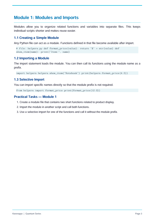 A digital page from a Python tutorial explaining modules and imports, titled 'Module 1: Modules and Imports'. The page features black text on a white background with a light blue header, including code snippets demonstrating module creation and import.