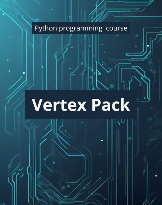 Digital cover graphic for a 'Python programming course' titled 'Vertex Pack', featuring white text on dark navy and teal circuit board patterns.