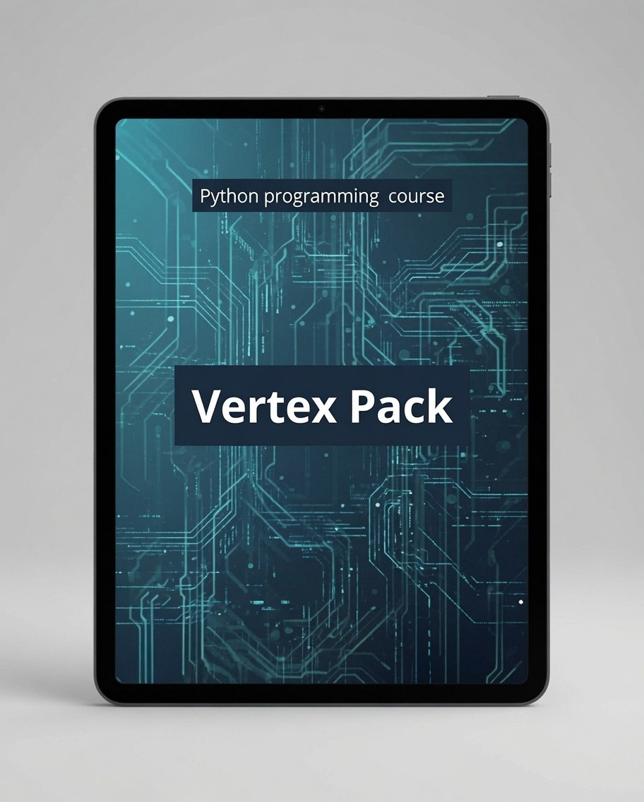 A tablet device displaying a digital cover for a 'Python programming course' titled 'Vertex Pack' over a blue circuit-board background, shown on a light gray studio background.