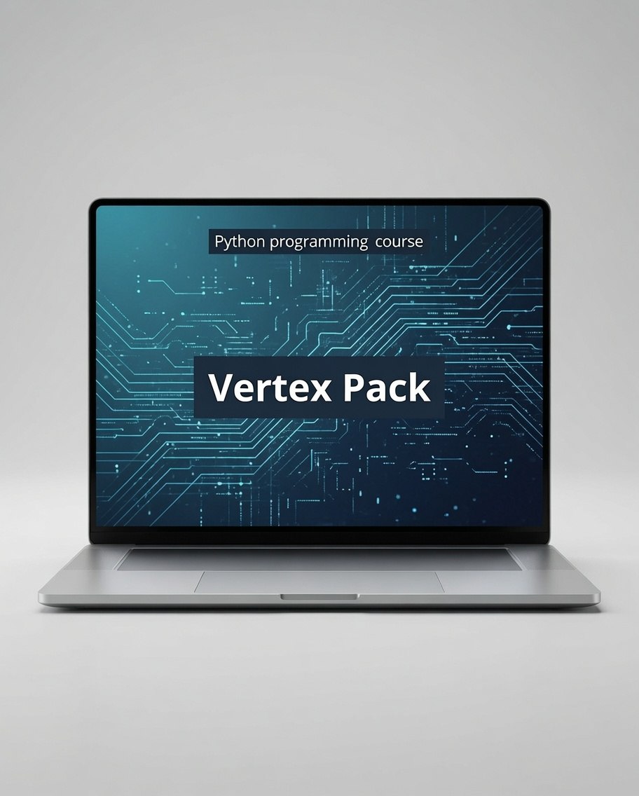 A silver laptop on a light gray background displaying a digital course cover for a 'Python programming course' titled 'Vertex Pack' with a blue circuit board pattern.
