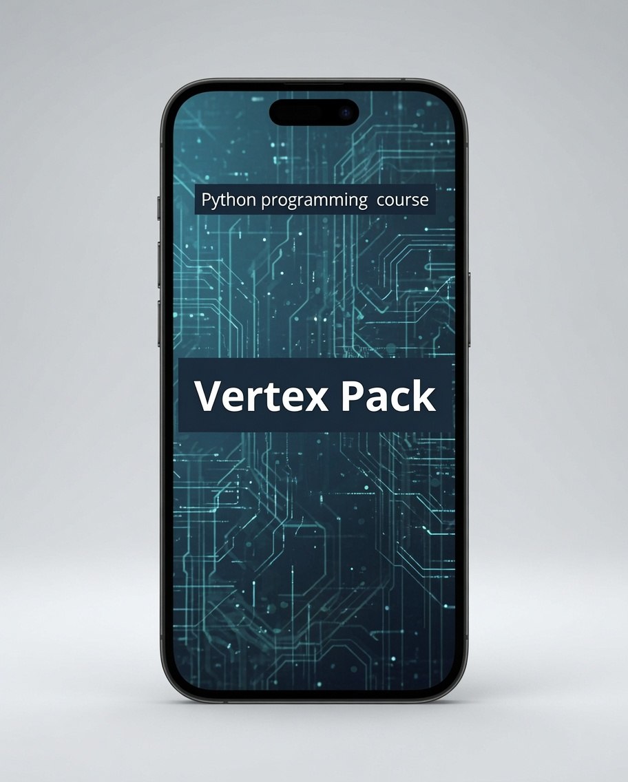 A smartphone centered on a light gray background, displaying a course cover for a Python programming course titled 'Vertex Pack' with a dark blue circuit-board pattern.