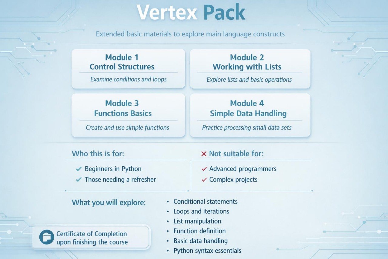 A digital course cover for 'Vertex Pack' showing a light blue and white layout with four modules: Control Structures, Working with Lists, Functions Basics, and Simple Data Handling. It includes a certificate of completion icon and a list of topics covered.