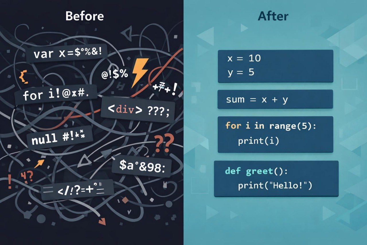 A split-screen comparison graphic labeled 'Before' on the left and 'After' on the right. The left side shows tangled, messy code snippets on a dark background.