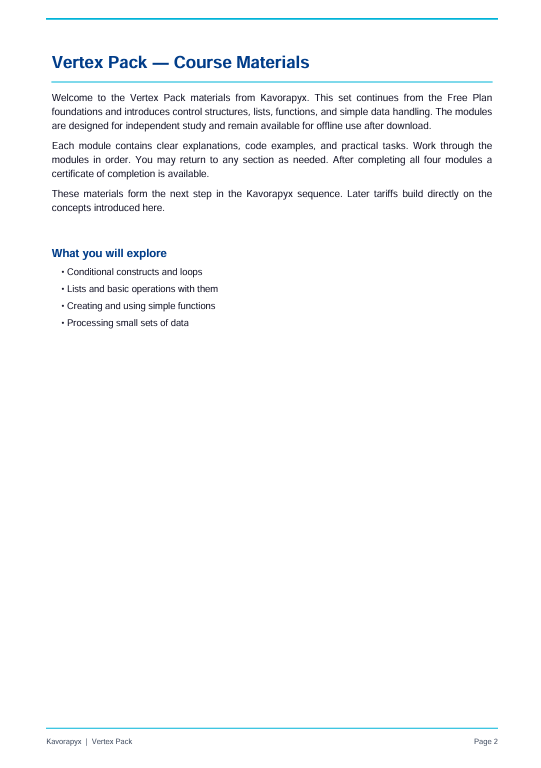 A digital preview page of course materials for 'Vertex Pack' from Kavaragya, featuring introductory text about course contents and learning objectives on a white background with blue headings.