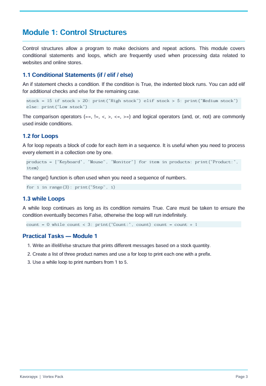 A single printed page showing a computer programming curriculum outline titled 'Module 1: Control Structures' with sections on conditional statements, loops, while loops, and practical tasks on a white background.
