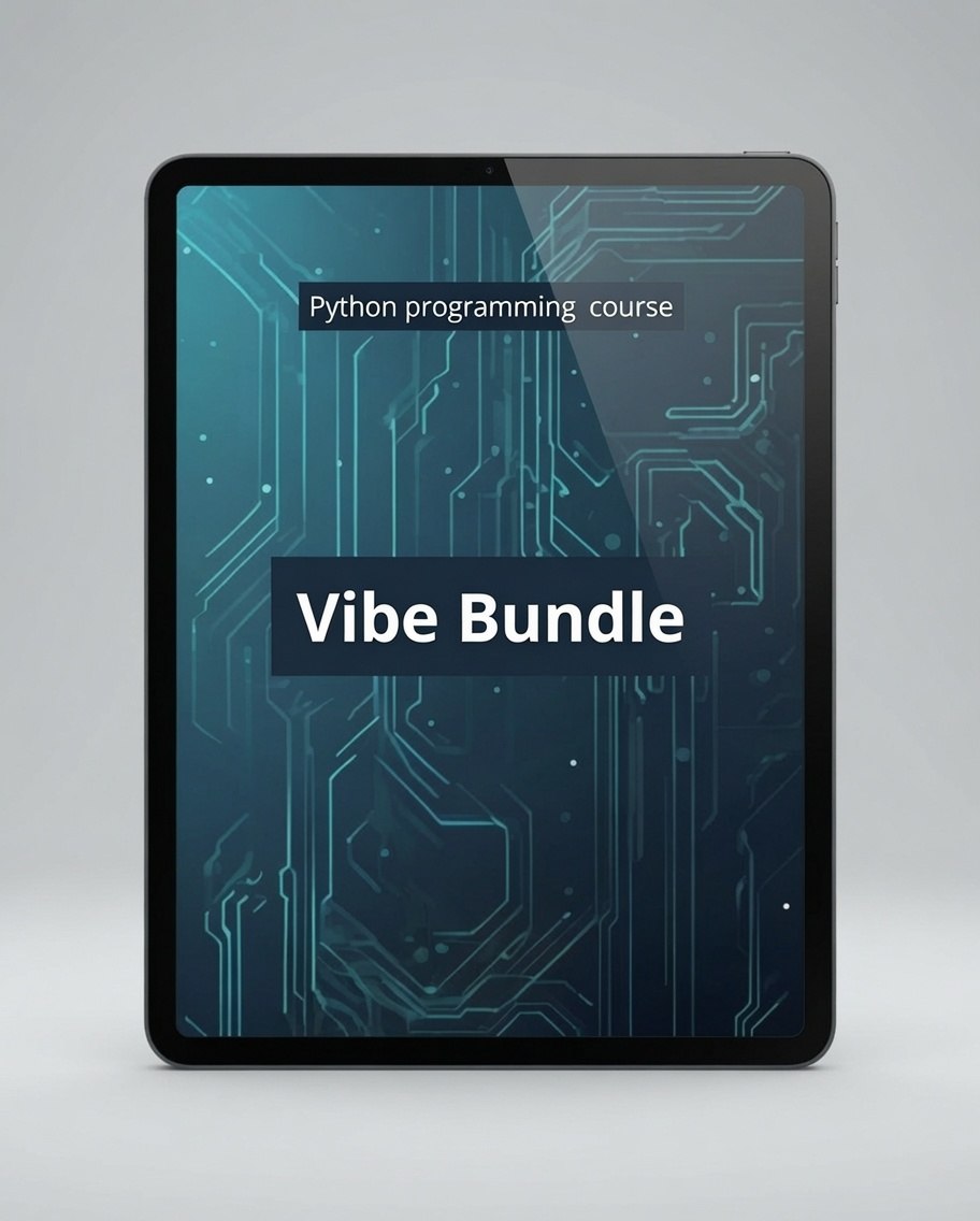 A tablet device displaying a digital cover for a 'Vibe Bundle' Python programming course, set against a neutral gray background.
