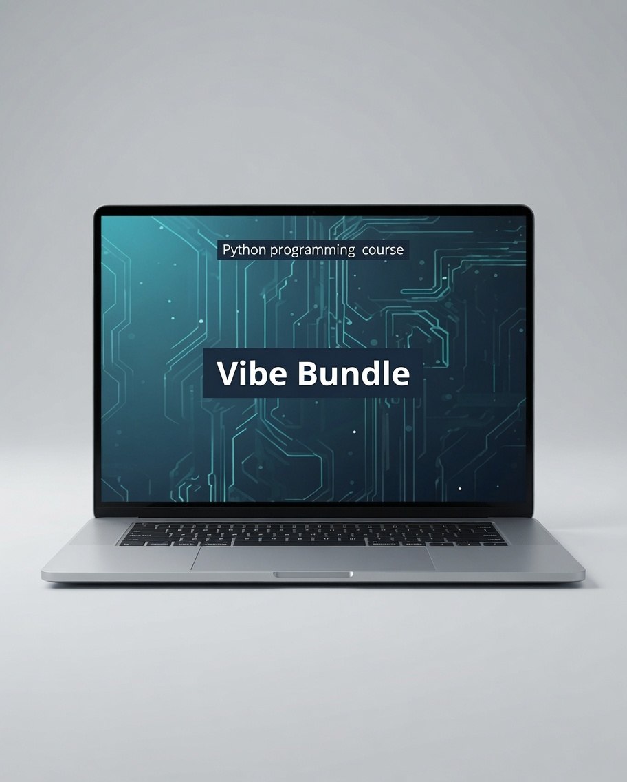 A silver laptop on a light gray background, displaying a digital course cover for a 'Python programming course' titled 'Vibe Bundle' in white text over a teal and black circuit board graphic.
