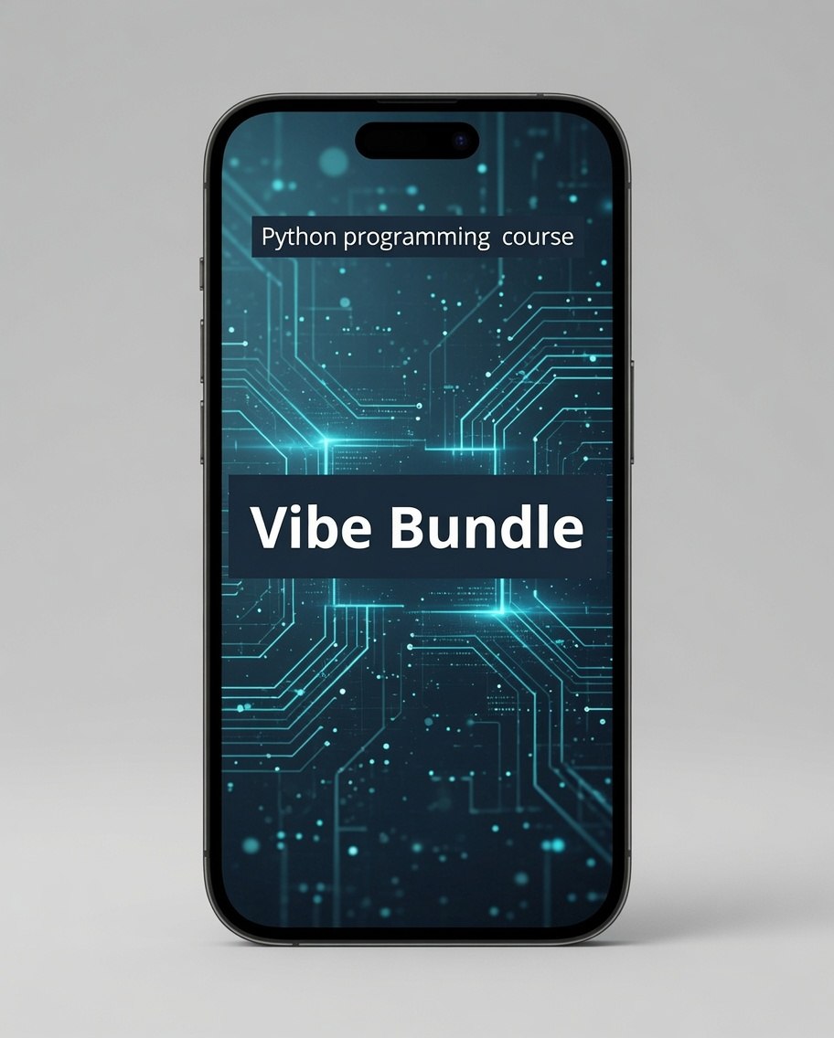 A smartphone centered on a light gray background, displaying a digital course cover for a 'Python programming course' titled 'Vibe Bundle' over a glowing blue circuit board pattern.