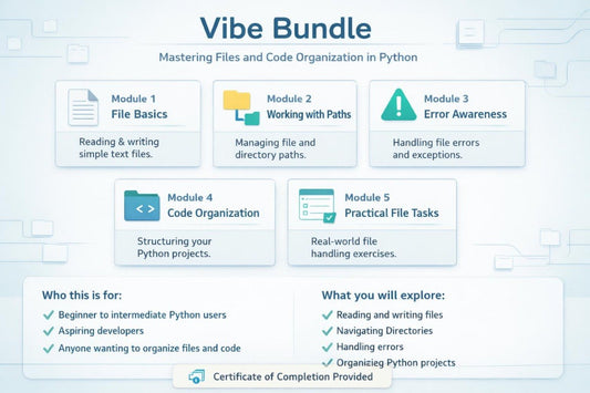 An infographic titled 'Vibe Bundle' outlining a Python module course on mastering files and code organization. The graphic features six light blue and white cards detailing the modules: File Basics, Working with Paths, Error Awareness, Code Organization, and Practical File Tasks.