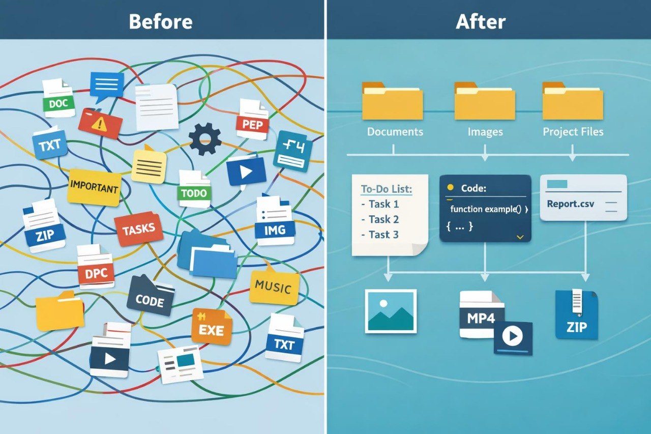 A split comparison graphic labeled 'Before' and 'After' showing a tangled web of colored file icons on the left and a clean organized folder structure on the right, with folders for Documents, Images, and Project Files, plus a code block and MP4/ZIP icons.
