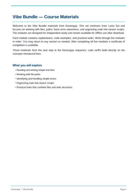 A digital document page titled 'Vibe Bundle — Course Materials' with blue headings, black body text, and a white background. It outlines course materials from Kanarayga and lists what will be explored, with footer text 'Kanarayga | Vibe Bundle' and 'Page 2'.